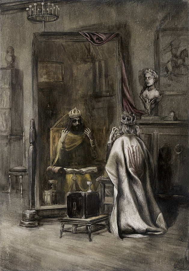 <em>Oszalały Hildred Castaigne zakładający diadem. By <a href="https://santiagocaruso.com.ar/gallery/kinginyellow/">Santiago Caruso</a>.</em>