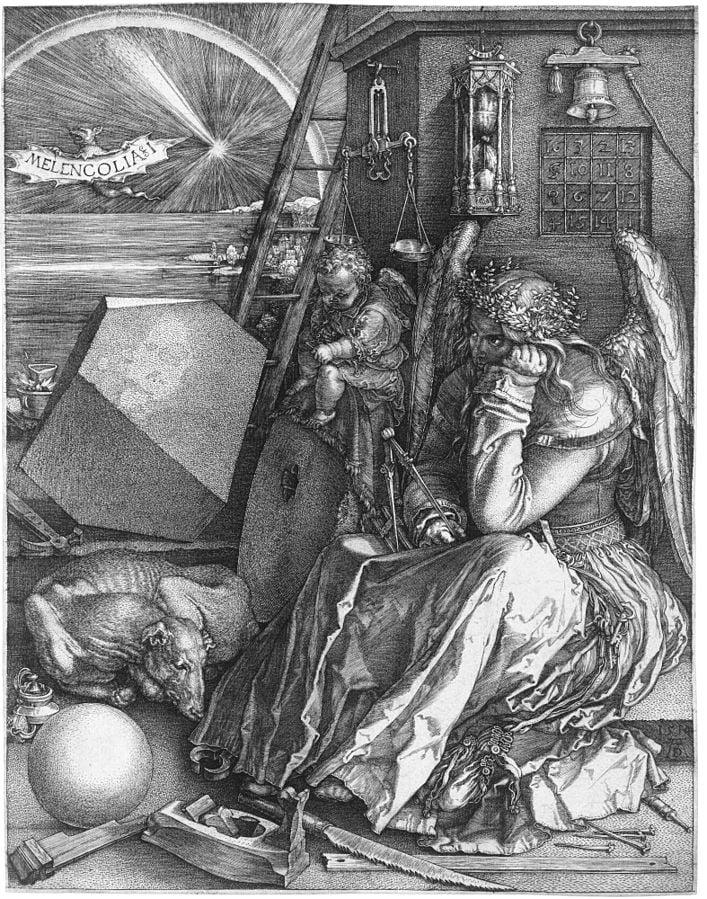 "Melancholia I", Albrecht Dürer, 1514. Domena publiczna.