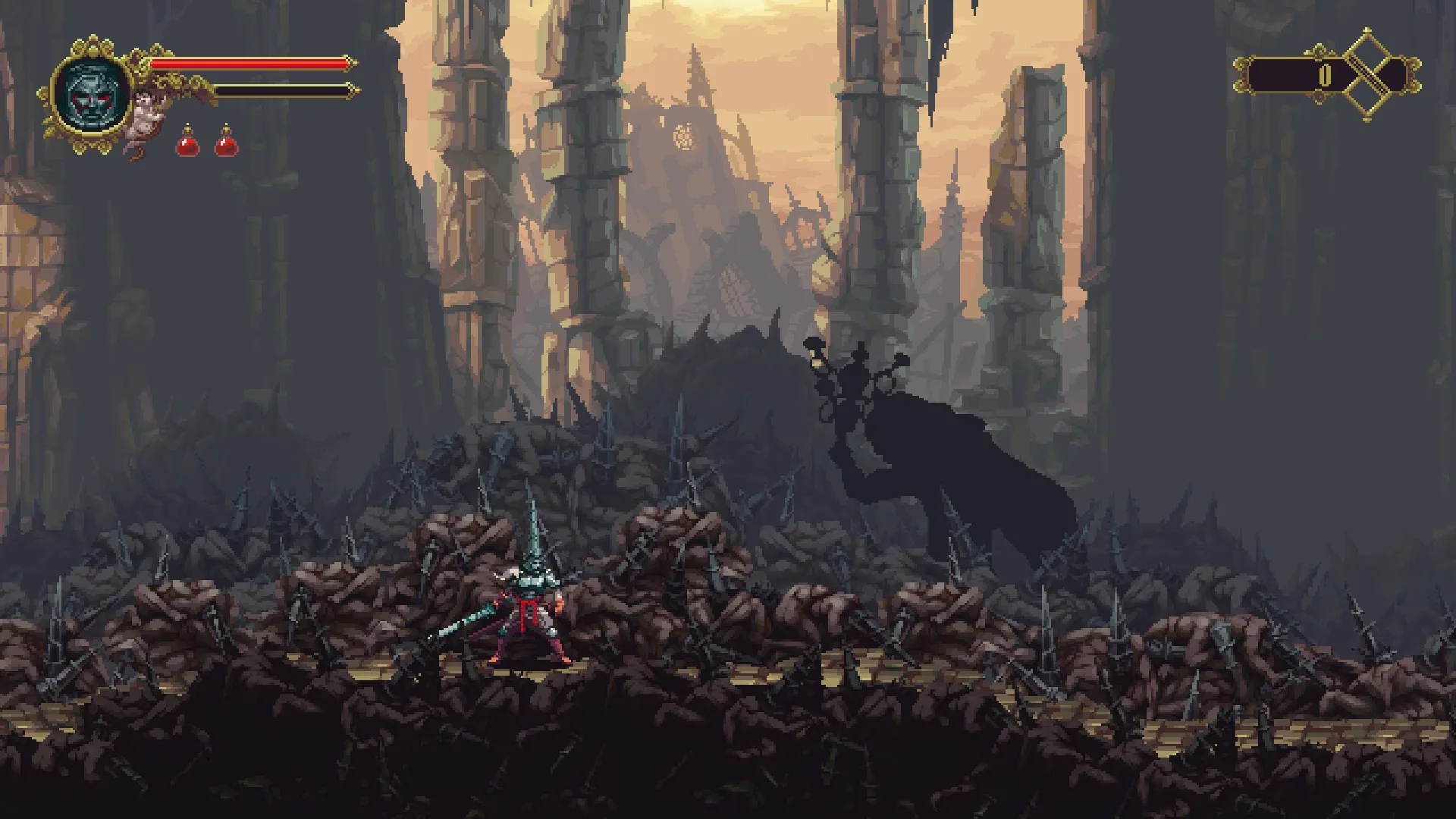 Przykłądem gry soulslike w stylu 2D jest Blasphemous (The Game Kitchen, 2019). Grafika prywatna.