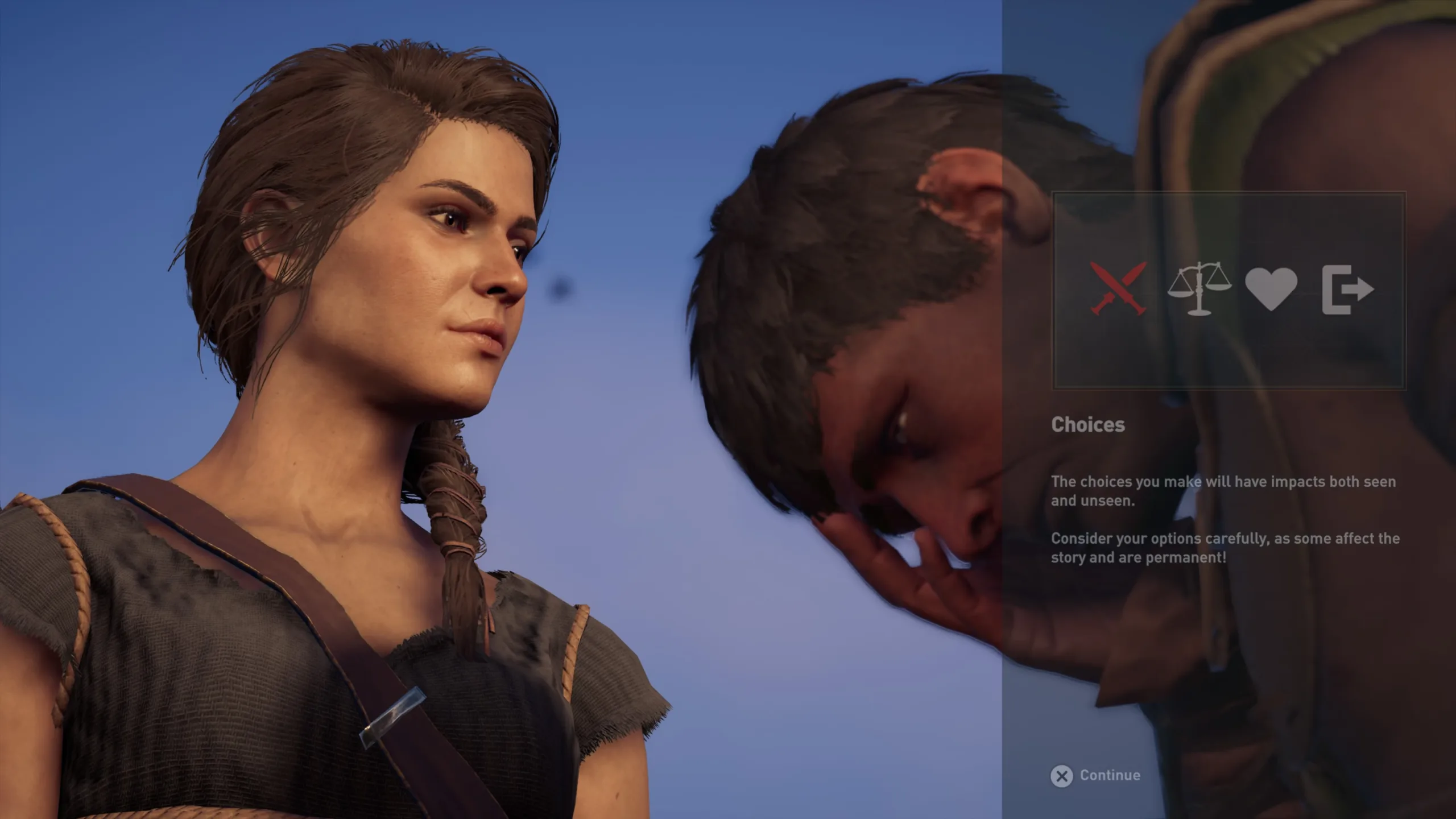 Ikony krytycznych wyborów dialogowych w Assassin's Creed Odyssey (Ubisoft Québec, 2018). Grafika prywatna.