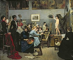 "W studio" - Marie Bashkirtseff, 1881. Obraz prezentuje wnętrze studia w paryskim Académie Julian. Domena publiczna.