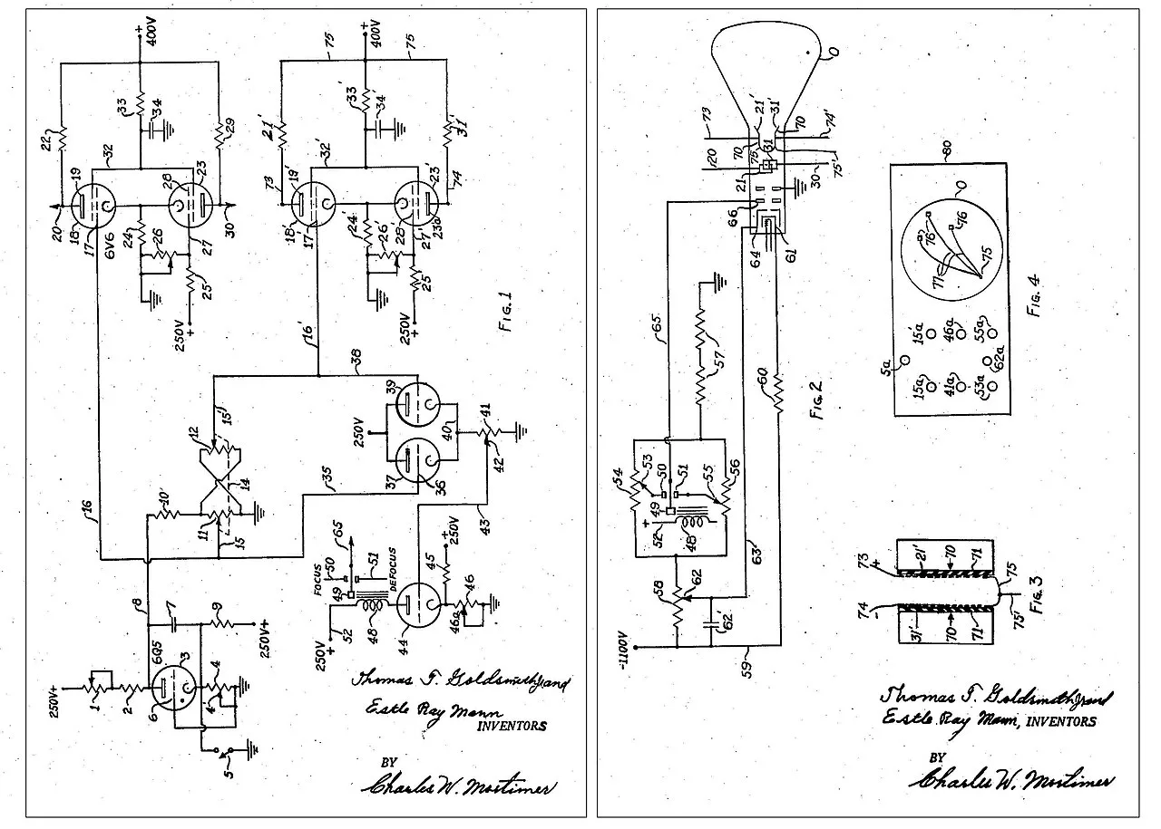 Schemat obwodów Catode-Ray Tube Amusement Device. Domena publiczna.