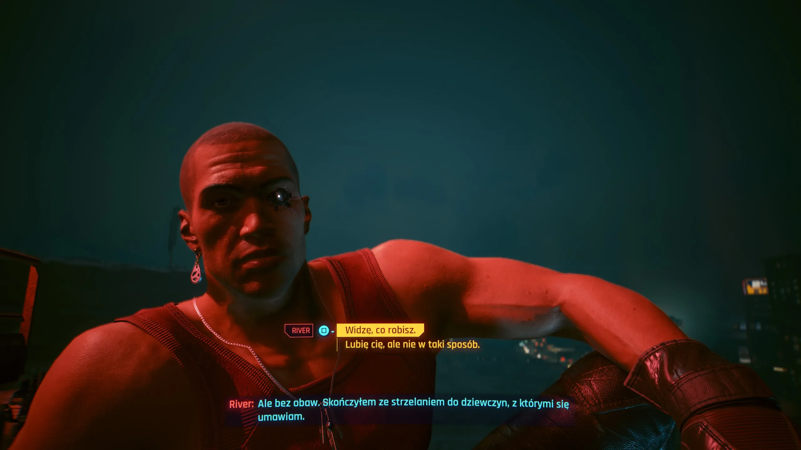 Potencjalna opcja romantyczna z NPC w Cyberpunk 2077 (CDProjekt Red, 2020). Grafika prywatna.