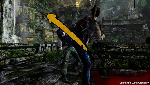 QTE podczas walki poza naciskania guzika oznaczonego kwadratem wymagają również rysowania palcem w konkretnych kierunkach. Grafika prywatna.