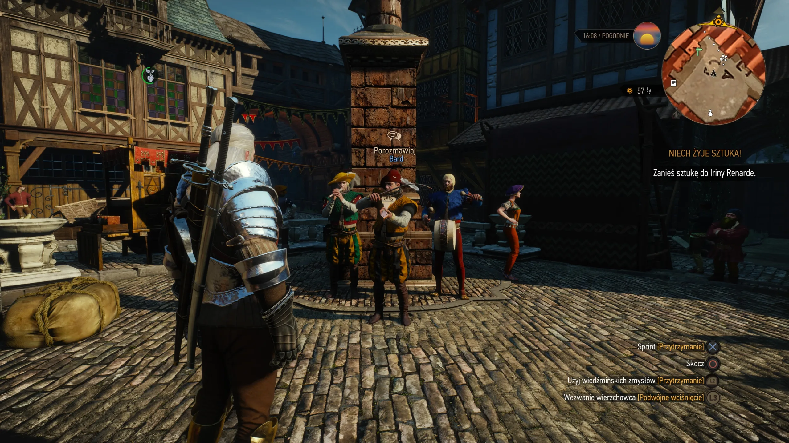 Rynek Novigradu pełny jest postaci spójnych z estetyką "średniowiecznego" miasta, w tym ulicznych grajków i performerów. Grafika prywatna.